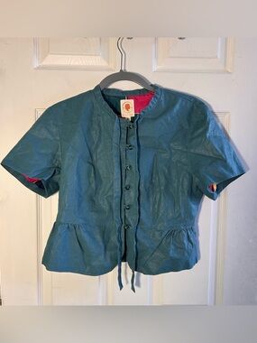 Tulle Teal Short Sleeve Button Front Top with Pink Lining